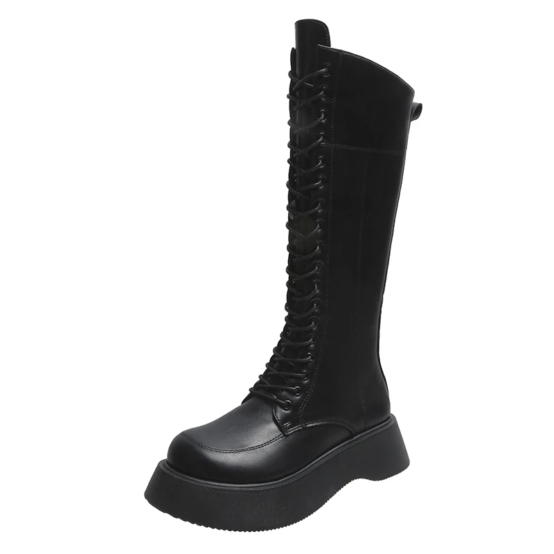 Winter Long Boots For Women Thick Platform Chunky Sole Women's Shoes Lace-up Round Toe Solid Medium Heel Flat With Boots