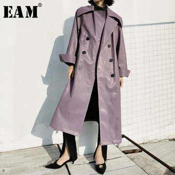 

[EAM] Women Purple Big Size Pu Leather Long Trench New Lapel Long Sleeve Loose Fit Windbreaker Fashion Spring Autumn 2020 1X493
