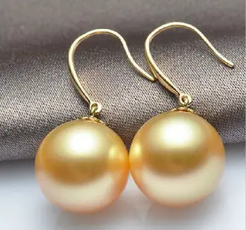

10x10 jewerly Free Shipping> elegant AAA++16mm natural south sea gold shell pearl dangle earring14k