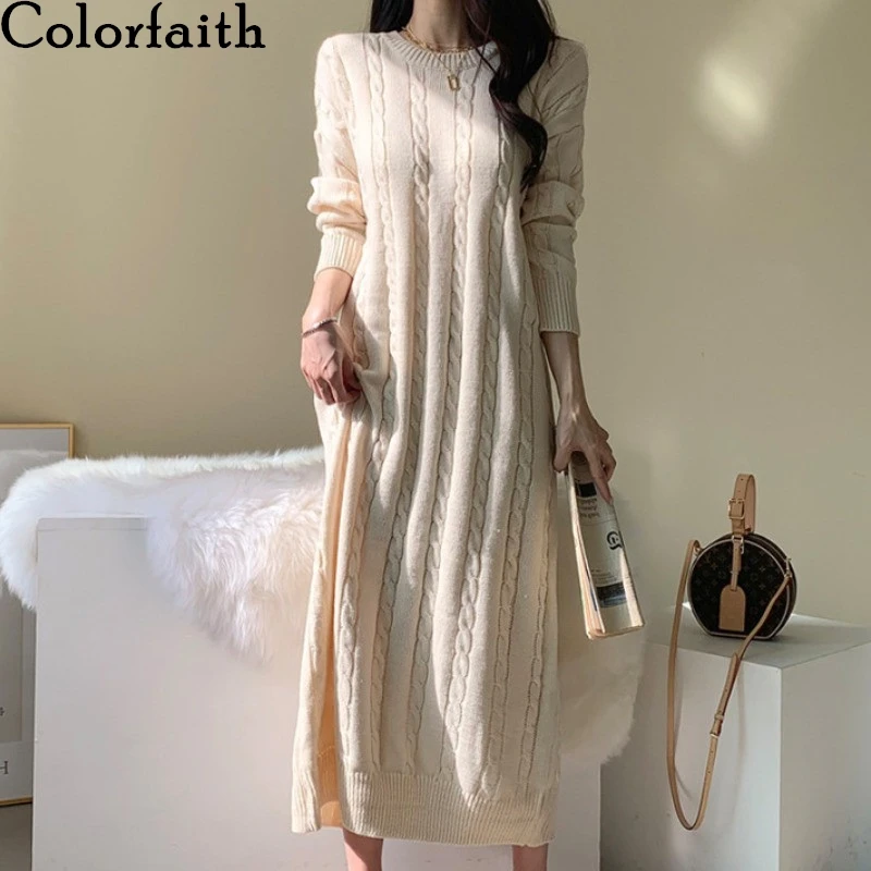 Colorfaith Новинка 2020 осень зима женские платья вязаные винтажные элегантные Прямые корейские однотонные женские длинные платья DR2300|Платья|   | АлиЭкспресс