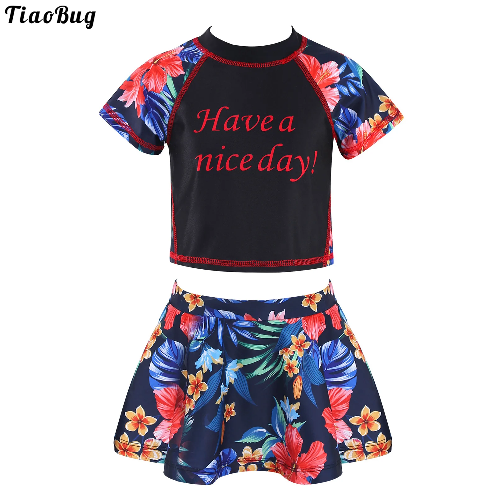 

TiaoBug Summer 2Pcs Kid Girls Floral Letters Print Swimsuit O-Neck Short Sleeves T-Shirt And Skirt With Built-In Briefs Swimwear