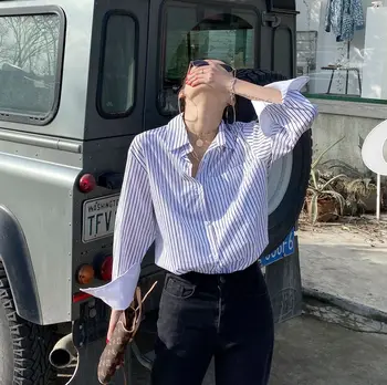 

French Style Patchwork Shirt Womens tops Spring Summer Striped Full Sleeve Women shirts Stripe 4013