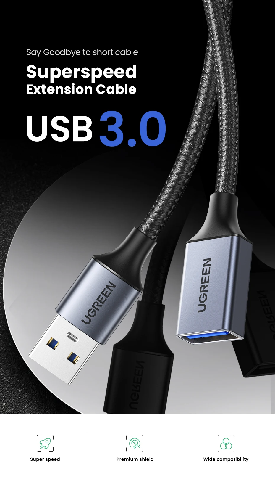 Ugreen-Cable de extensión USB 3,0, Cable de datos macho a hembra, extensor USB 3,0 para PC, TV, AKITECNO.CL