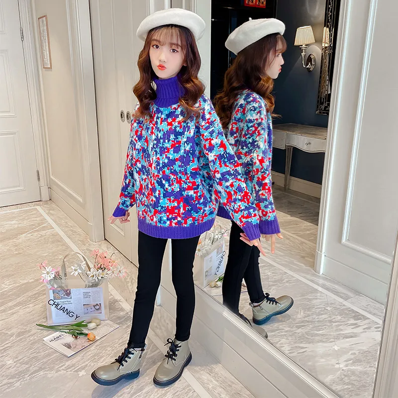 

New Kids Sweater for Girls Winter Autumn Children Knitting Clothes Turtleneck Casual Teenager Knitwear Outerwear Tops 4-13T