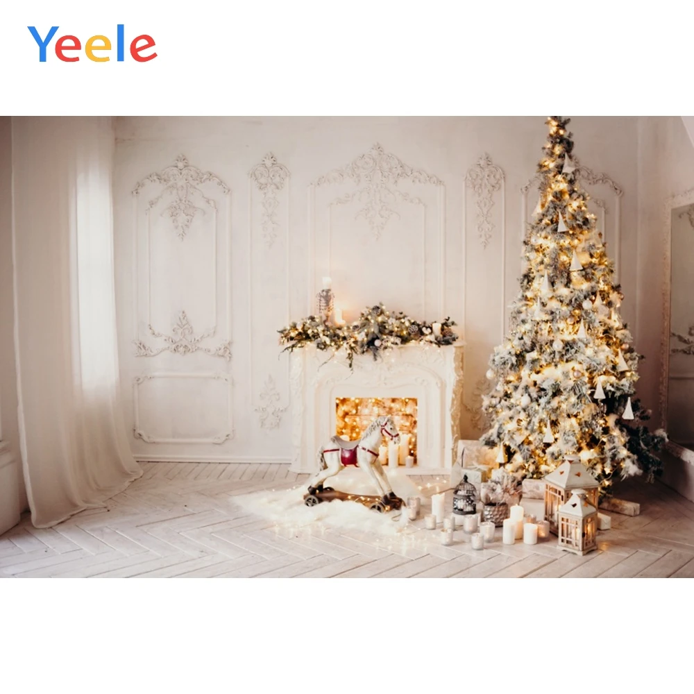 

Christmas Decor Tree Fireplace Carpet Curtain Wood Floor Backdrop Photography Custom Photographic Background For Photo Studio