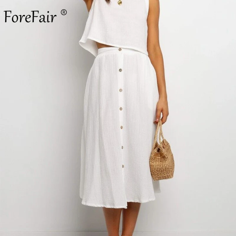 Forefair Linen Skirt White A Line Midi Casual Loose Plus Size Button High Waist Summer Women |