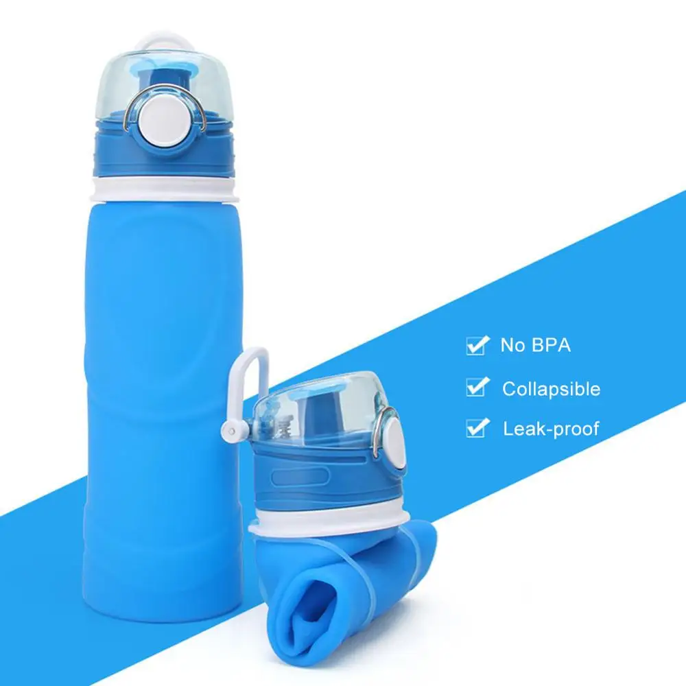 Blue 25 oz / 750ml Portable Eco-Friendly Silicone Folding Water Bottle Leak-Proof Outdoor Sports Bottle Suitable for Hiking Travel - Цвет: Blue