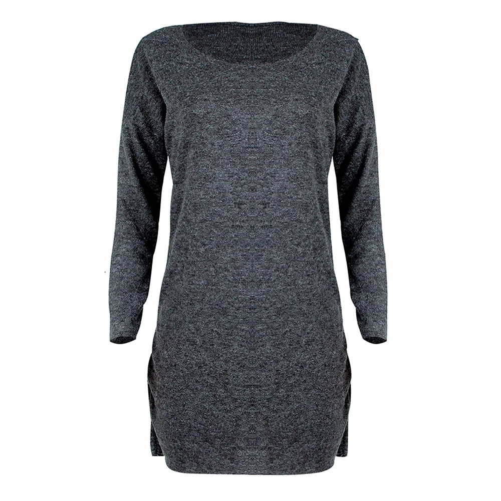 Женское платье-свитер с длинным рукавом, Повседневное трикотажное платье с круглым вырезом, Дамское асимметричное зимнее шерстяное платье# T2G