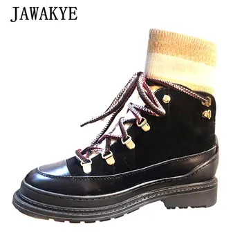 

Knitting Winter Snow Boots Women Real Leather Thick Bottom Causal Motorcycle Boots 2019 New Patchwork Lace Up Elastic Sock Boots