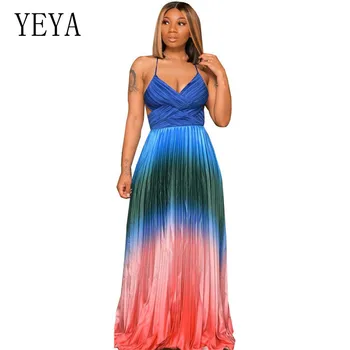 

YEYA Women Summer Spaghetti Strap Pleated Beach Maxi Dress Sexy V Neck Print Party Dress Elegant Formal Evening Gown Dresses