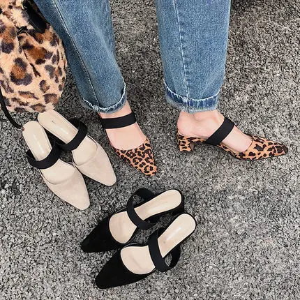 

Single shoes female 2019 spring with a pointed toe Baotou sandals leopard lazy half slippers temperament Mueller shoes tide