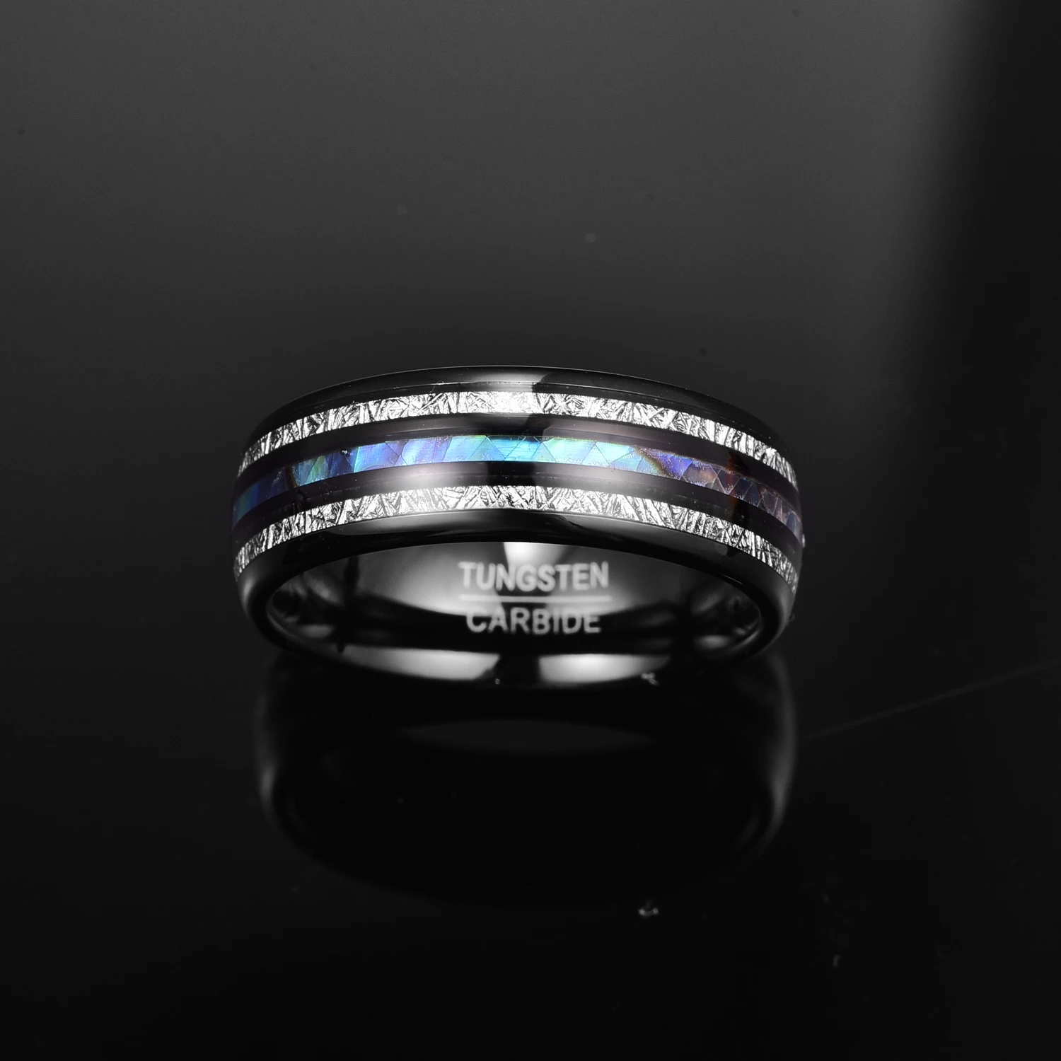 8mm Electric Black Inlaid Meteorite Abalone Shell Dome Tungsten Carbide Ring Men's Fashion Wedding Jewelry Best Gift 4