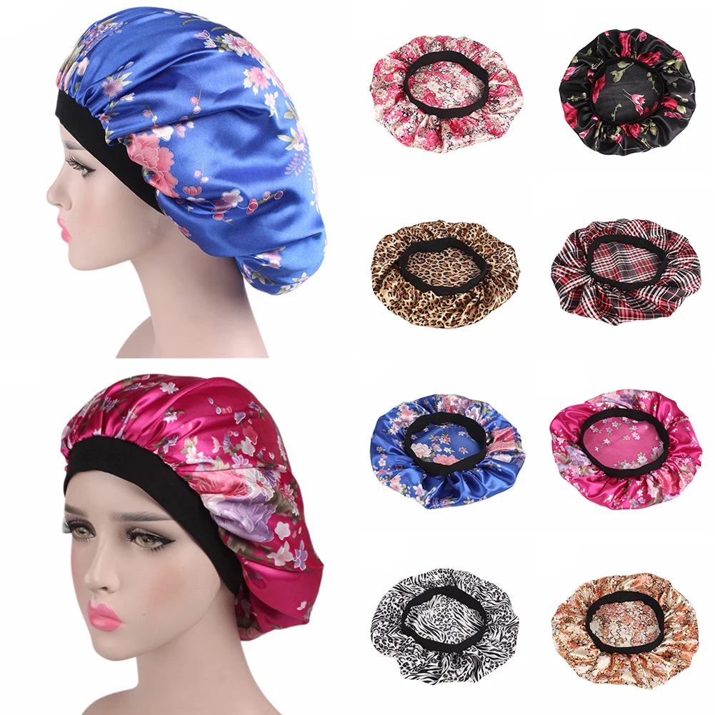 Women Satin Night Sleep Cap Hair Bonnet Hat Silk Head Cover Wide Elastic Turban Hair Accessories Shower Long Hair Caps Headwear
