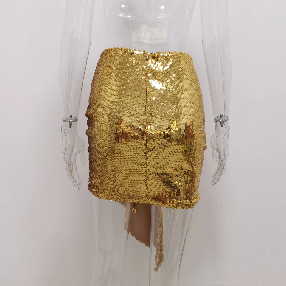 Женская мини-юбка с высокой талией и v-образным вырезом спереди, с рюшами, новинка, с золотыми блестками, шикарный наряд, Короткие Сексуальные вечерние юбки знаменитостей