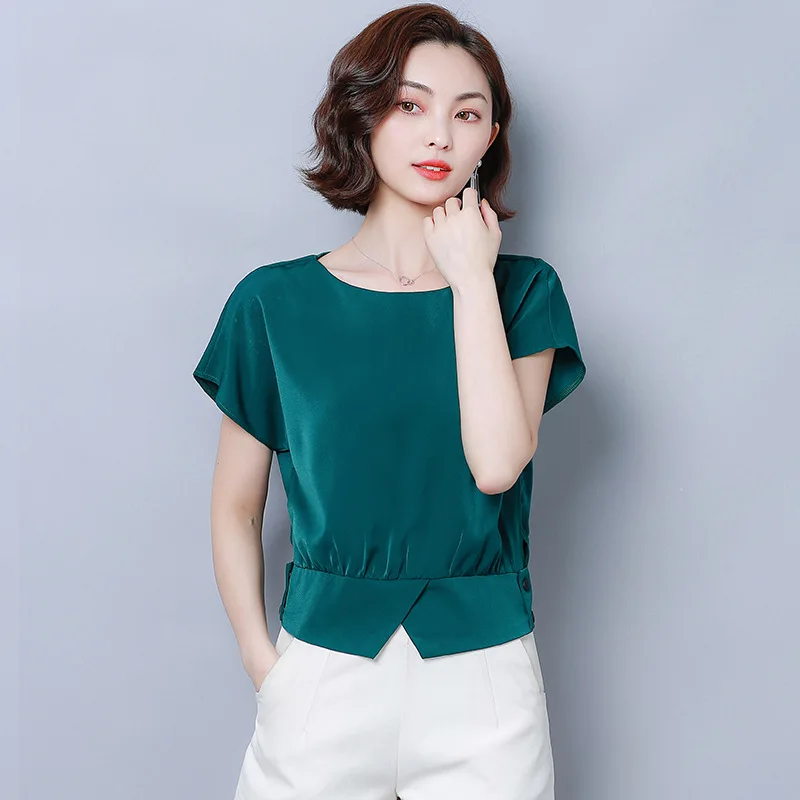 Women's round neck slim short sleeve chiffon T-shirt summer red |