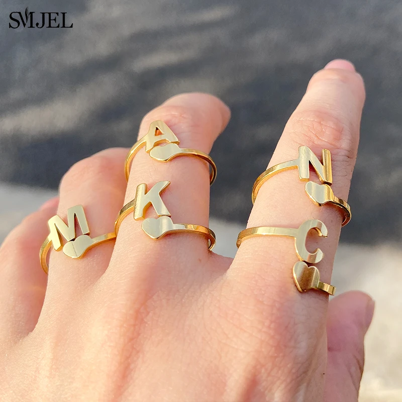 Bagues initiales en forme de petit cœur, en acier inoxydable, 26