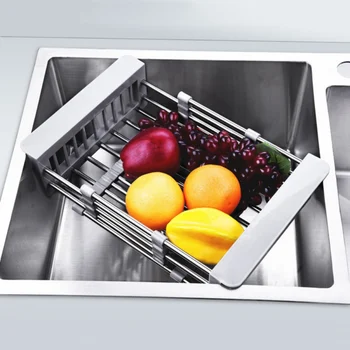 

New Adjustable Stainless Steel Drainer Basket Over Sink Drain Tray Dish Vegetable Fruit Drying Rack Kitchen Sink Organizer