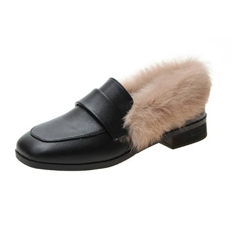 Black Leather Mule Shoes for Women Slip on Heel Furry Loafers Rabbit Fur Warm Winter Outdoor Casual Ladies P263 |