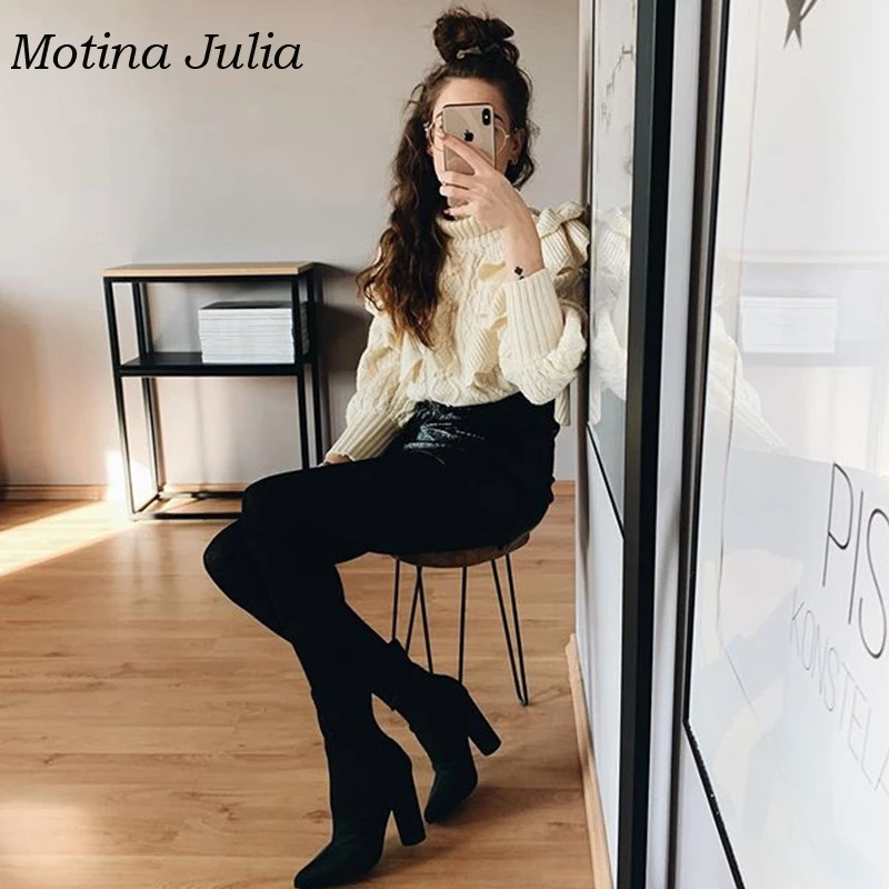 Motina Julia вязаный свитер с рюшами женский осенний зимний Повседневный свитер с оборками пуловер с рукавами-фонариками женский свитер