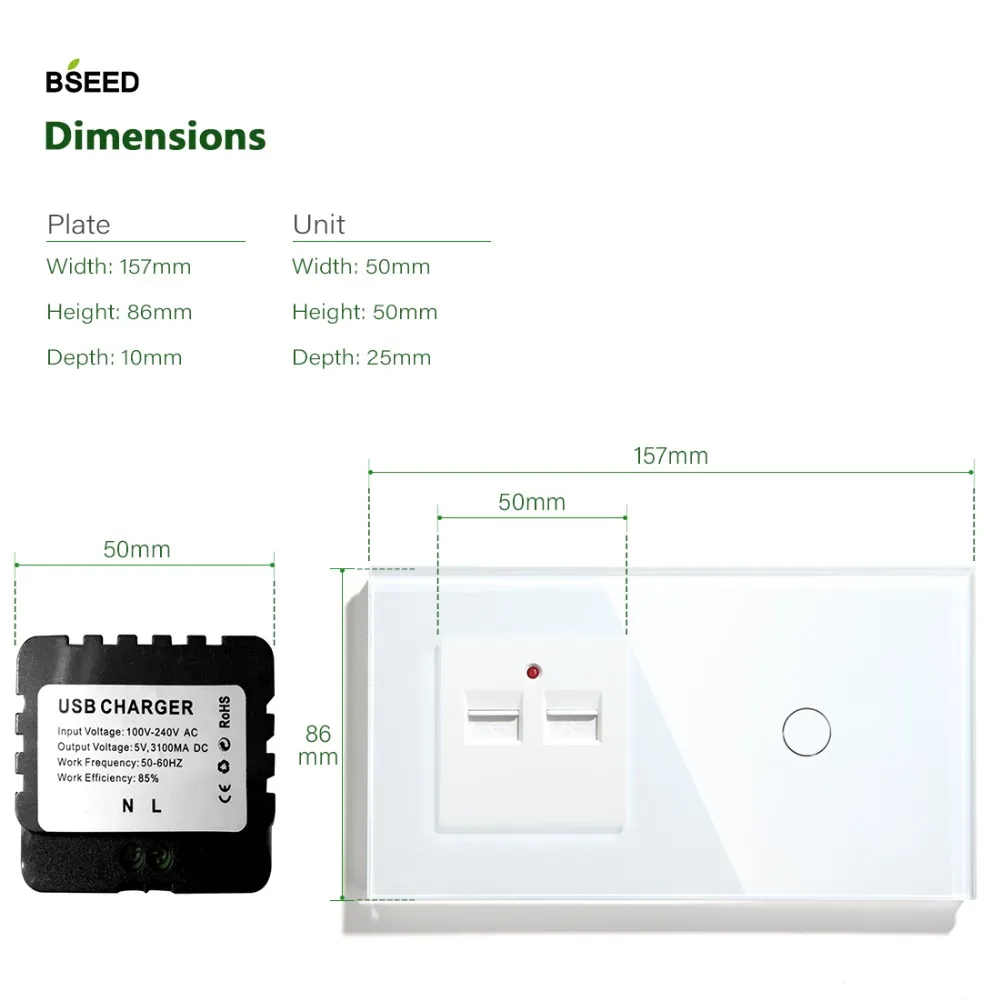 Bseed ЕС сенсорный выключатель 1 комплект 1 способ 2 способ настенный сенсорный выключатель с двумя usb-разъемами черный белый золотой цвет с кристальной панелью