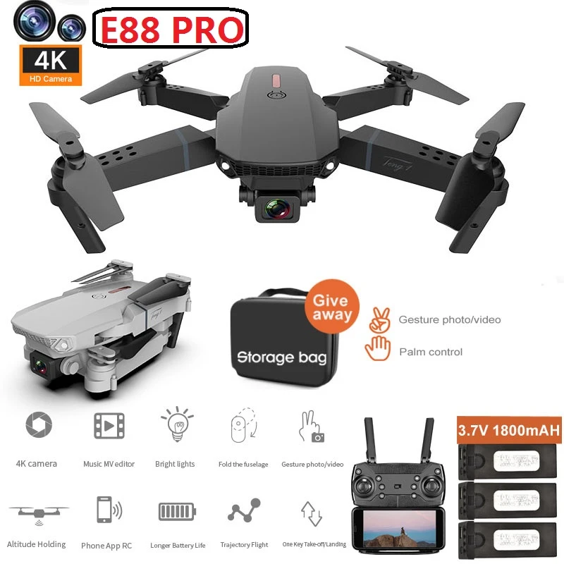 2021 Baru E88 Pro Drone dengan Sudut Lebar HD 4K 1080P Kamera Ganda Tahan  Tinggi Wifi RC Lipat Quadcopter Drone Hadiah Mainan