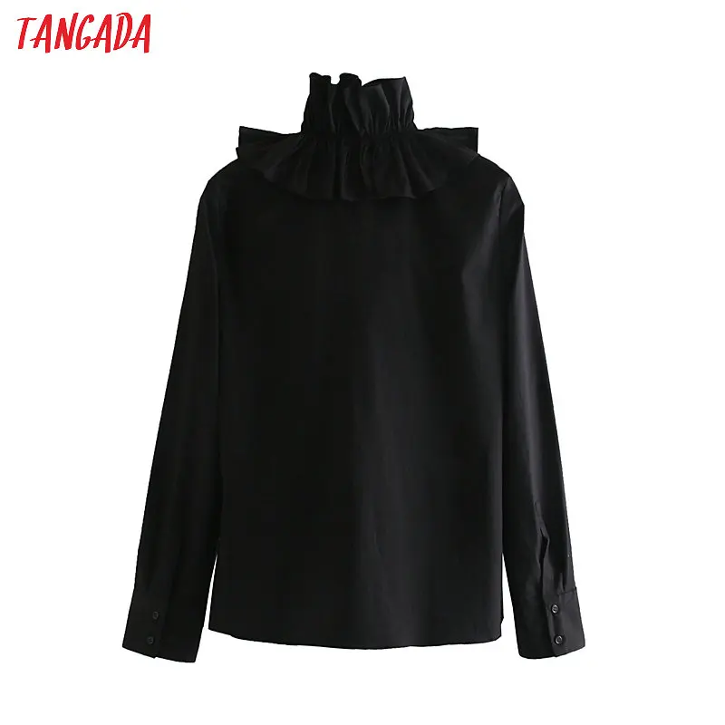 Tangada women ruffle black blouse vintage long sleeve v neck ladies casual shirts stylish tops blusas JE75