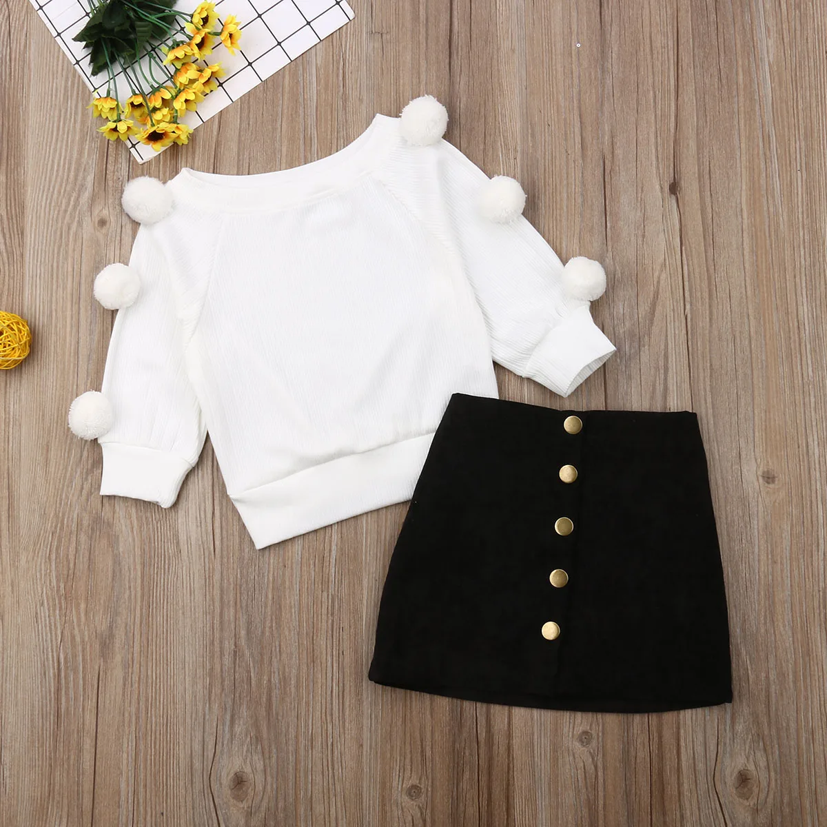 

1-6Y Autumn Toddler Baby Kids Girls Clothes Sets Long Sleeve Hairball Knit Tops Sweater+Button Mini Skirt Warm Outfits Sets
