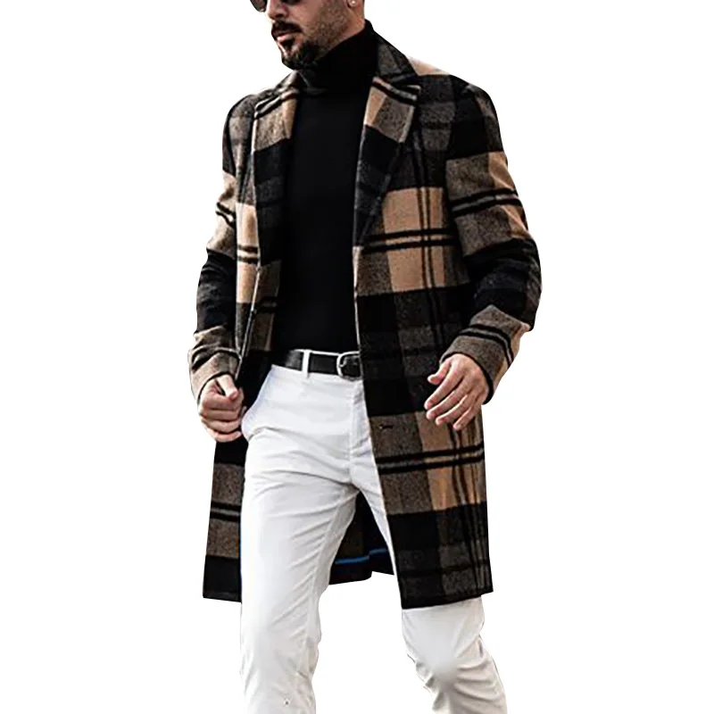 

Check Print Woolen Coat Trench Windbreaker Men's 2022 Jacket Men's Slim Fit Windbreak Long Coat Men Winter Coats Homme Plus Size