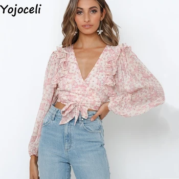 

Yojoceli Elegant ruffle sashes v neck ptint blouse women Spring sexy chiffon casual blouse Beach summer female tops