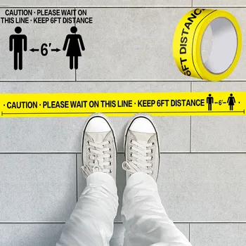 

33 m x 50mm PLEASE WAIT ON THIS LINE Sticker Safety Tape 6ft Apart Social Safe Distancing Floor Tape