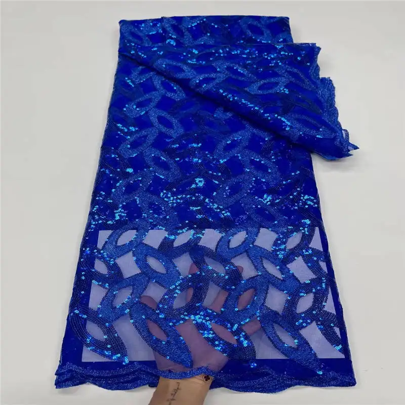 

Blue Beatuiful Sequined African Lace Fabric High Quality 3D flower French Mesh Lace Fabric Caramel For Wedding Sewing A2337