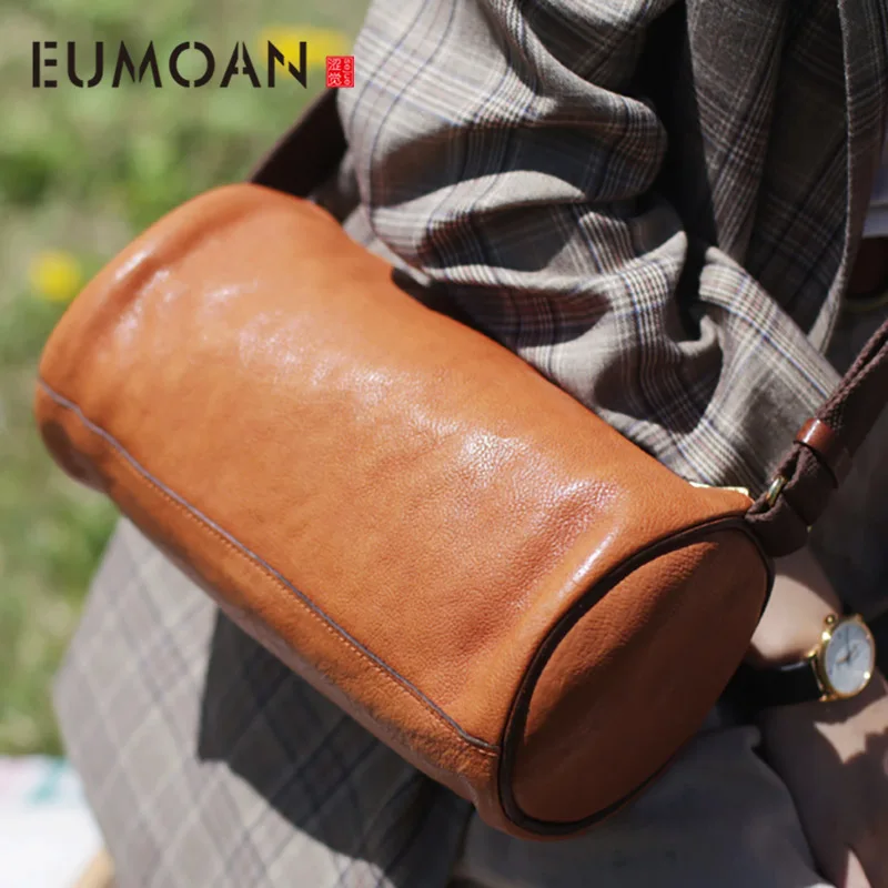 

EUMOAN Personality soft leather cone slant bag, female retro wide shoulder strap leather shoulder bag, cowhide zipper barrel bag