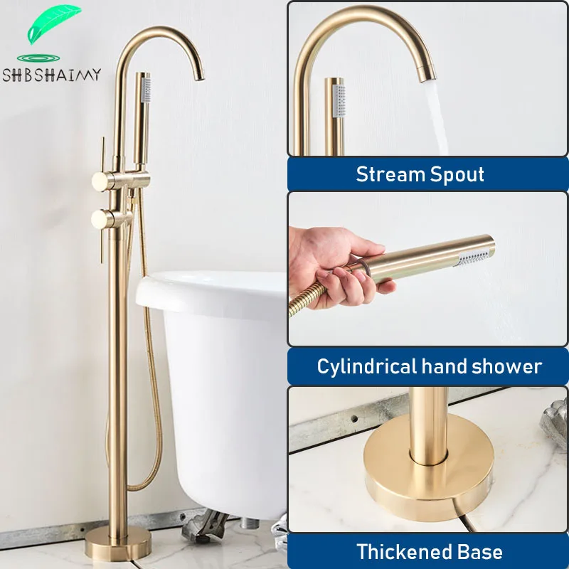 SHBSHAIMY Brushed Golden Bathtub Floor Stand Faucet Mixer Single Handle Tap Two Function 360 Rotation Spout With ABS Handshower