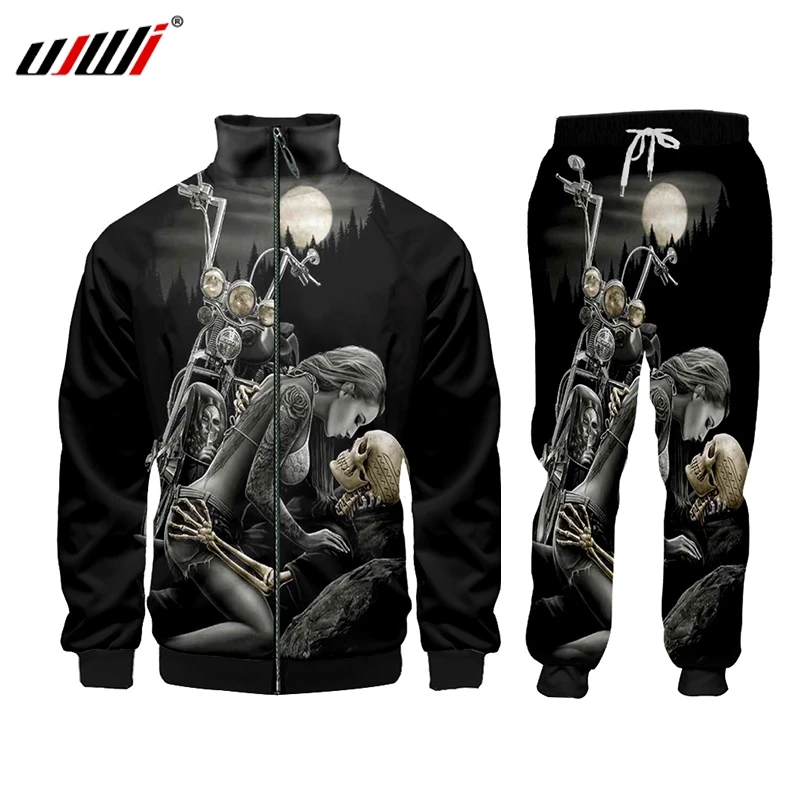 UJWI Brand New Hot Men's 3D Print Skull Pullover Hooded Winter Men's Sets Hoodies Sweatpants Two Pieces  Bodybuilding Tracksuit