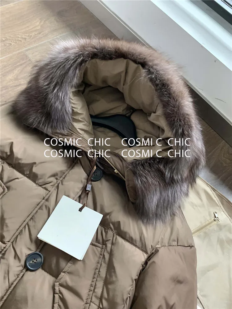 Cosmicchic,, для отдыха, длинный, однотонный, теплый, женский, зимний пуховик, Воротник из лисьего меха, с капюшоном, однобортное пальто