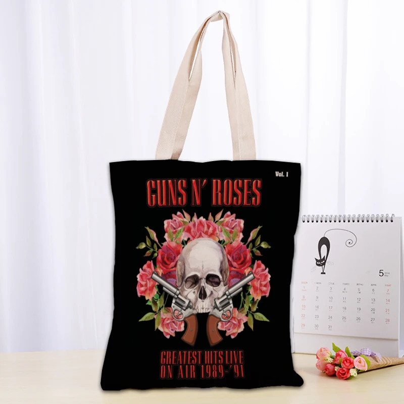 Custom Guns N Roses Tote Bag Women Canvas Fabric Bags Eco Reusable Shopping Bags Traveling Beach Casual Useful Shoulder Bag