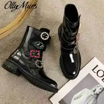 

2020 New Women's Motorcycle Boots Buckle Black Patent Leather Rhinestone Decor Luxury Brand Designer Square Heels Women Shoes