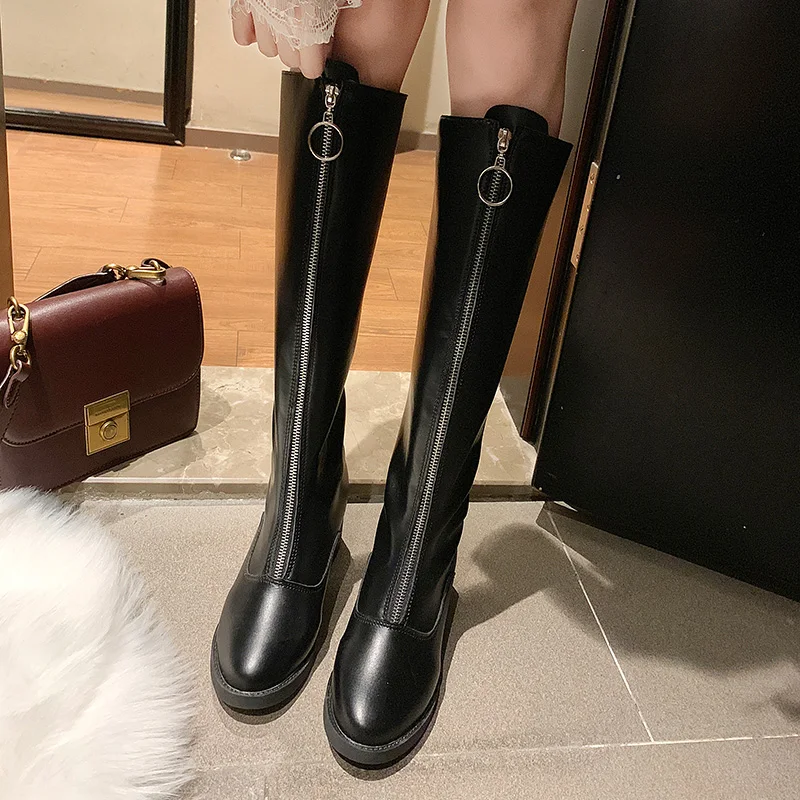 aa Botas De Mujer/Женские Модные Бежевые ботинки на высоком каблуке с молнией спереди Женские Классические черные уличные ботинки из искусственной кожи Botas Fenininas G7045 - Цвет: aa
