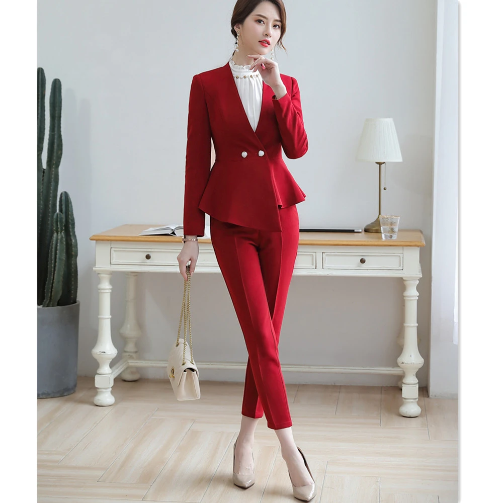 Traje de moda para mujer, traje elegante asimétrico volantes, de cintura delgada, chaqueta, ropa de trabajo, pantalón, 80330|Trajes de - AliExpress