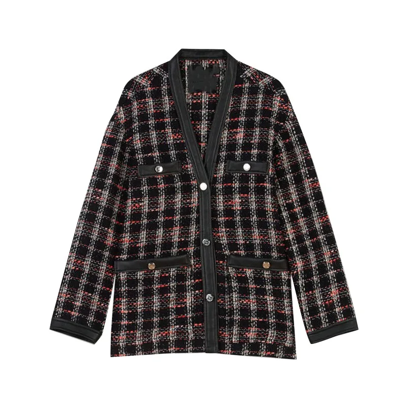 

France Ma Style 2019 Autumn Winter V Collar Fabric Plaid Loose Cardigan Short Jacket Female Leather Patchwork Coat for Women