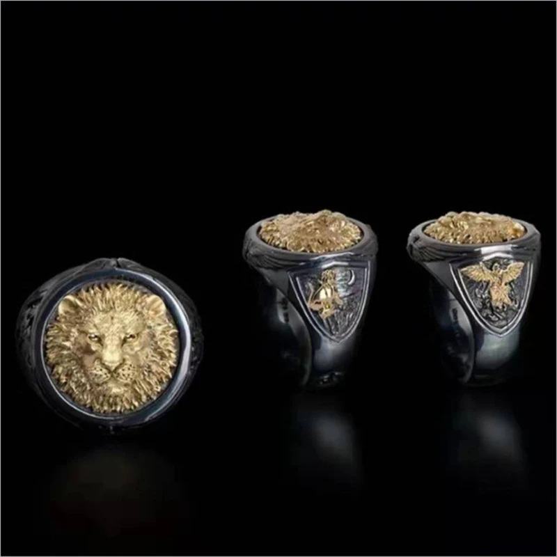 Male Signet Ring Vivid Big Gold Lion Head Black Ring Two-color Luxury Punk Angel And Devil