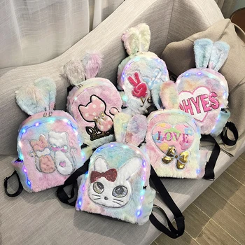 

LED Flashing Plush Backpack Soft Rabbit Bunny Ear Rainbow Backbag Mini Letter Backpack for Girls Toddler Backpack