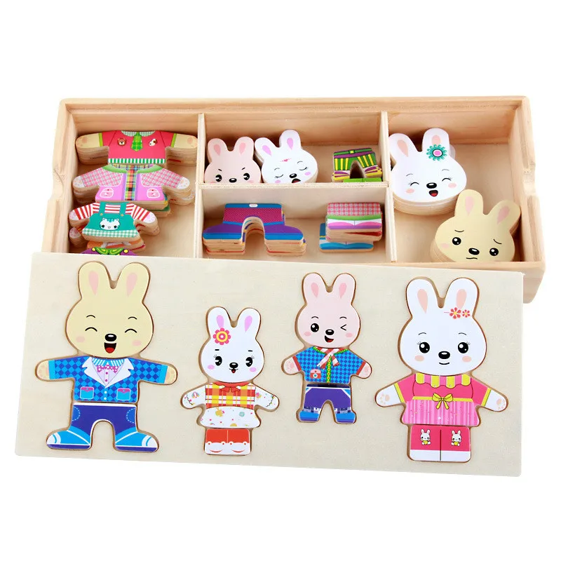 72 Cartoon 4 Bunny Bear Clothes for Puzzle/Wooden Box Jigsaw Wooden Toy Montessori Education Change Clothes Children Toys Gifts