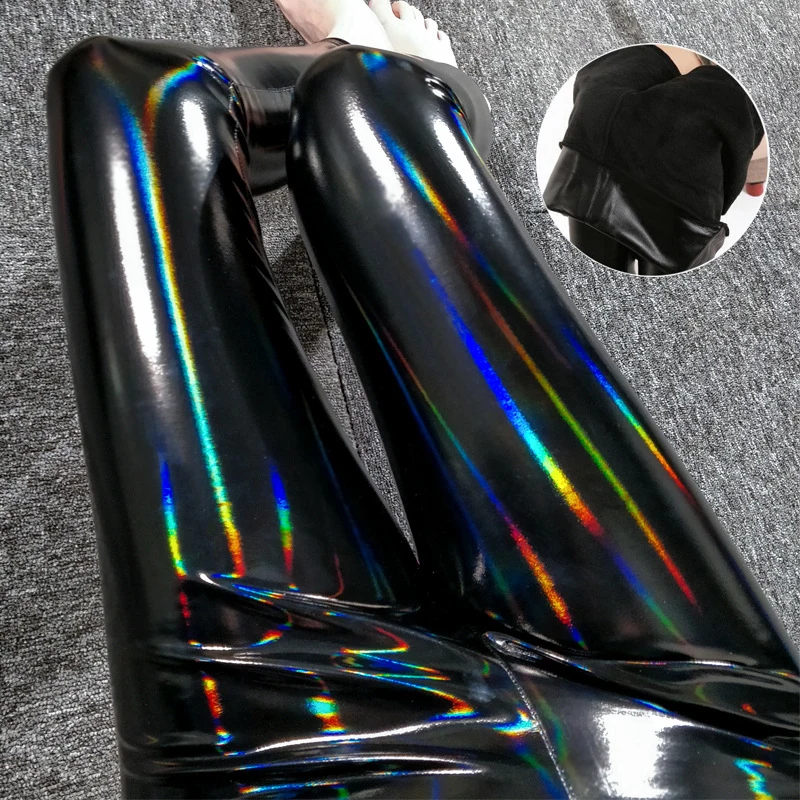Colorful plus velvet Осенне-зимние женские леггинсы, сексуальные цветные блестящие леггинсы из искусственной кожи, бесшовные готические облегающие длинные штаны с высокой талией, эластичные брюки - Цвет: Colorful plus velvet