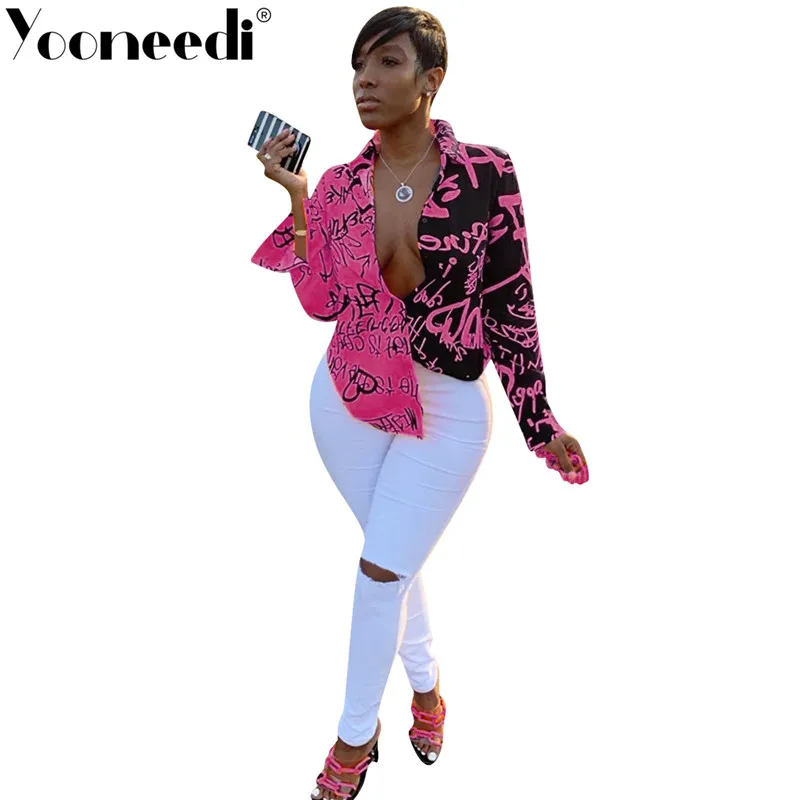 Yooneedi осень дизайн сексуальная женская блузка 7 цветов стиль печати v-образным вырезом длинный рукав женские топы NK-057 - Цвет: Розовый
