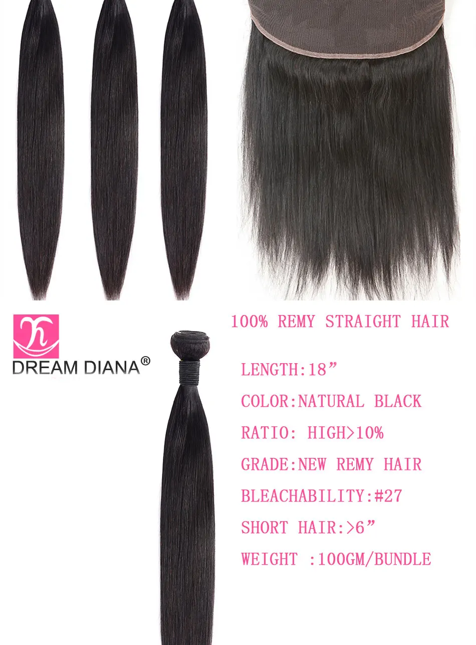 DreamDiana 1"-26 л Remy Прямые 360 фронтальные с пучками натуральные перуанские волосы 3 пучка с 360 Кружева Закрытие с волосами младенца