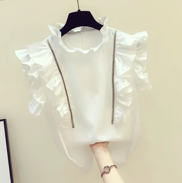 

Ruffles Stand Collar Pullover Shirt Female Tops 2020 Summer New Ruffled Diamond Chiffon Shirt Blusas Mujer De Moda 2020