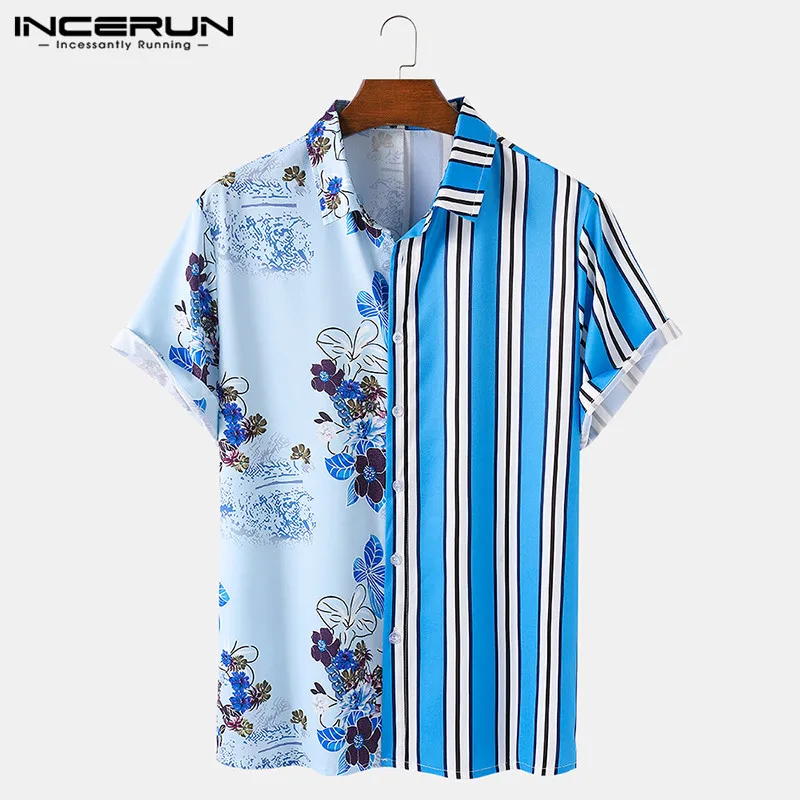 Camisa de retales a la moda para hombre, camisas estampadas de verano con solapa de manga corta, Blusas de ocio a rayas, Camisa cómoda para hombre, 5XL