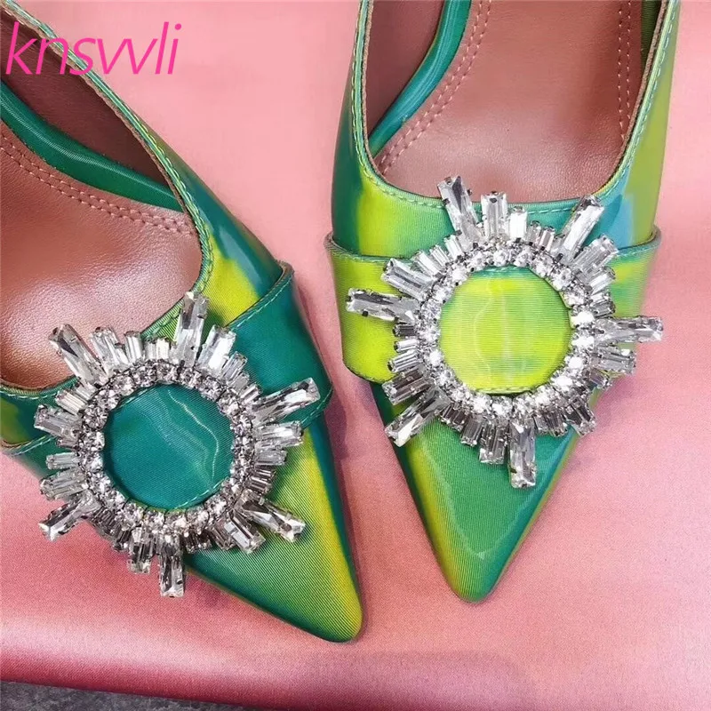 Knsvvli Sun Flowers Rhinestone Buckle Slippers Women Pointed Toe Satin Mules Shoes Women Wine Glass Heels Runway Shoes Woman