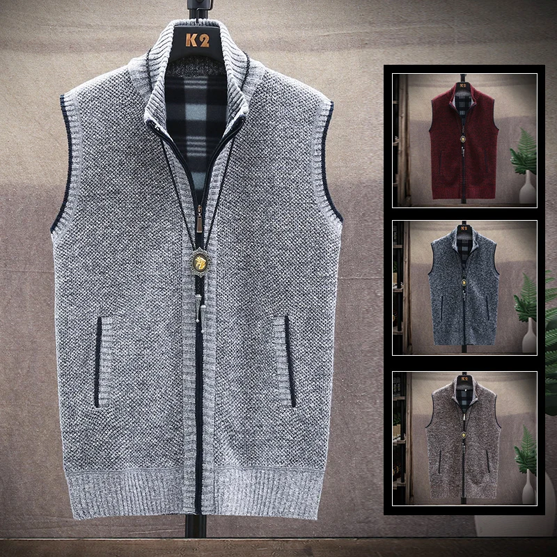 Men's Sweater Vest Knitted Sleeveless Jacket Casual Slim Velvet Thick Winter Warm Hombre Zipper Cardigan